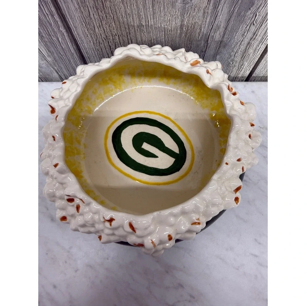Green Bay Packers Ceramic Popcorn Bowl Hand Painted‎ G Logo Game Day Snack Dish